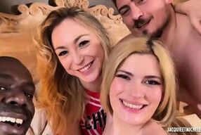 Elisa Calvi strips, sucks and fucks in a wild threesome with cumshots