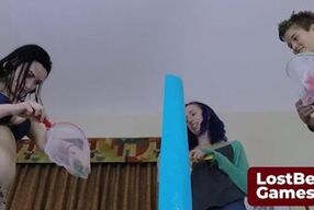 Naughty amateur brunettes lose their first nude strip game & indulge in lesbian spanking & lost bets games