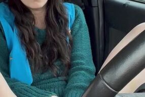 Check out this horny brunette babe in public with her panties and vibrator - she's so horny!