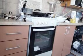 Amateur hairy brunette, big tits, sensual hairy woman in the kitchen.