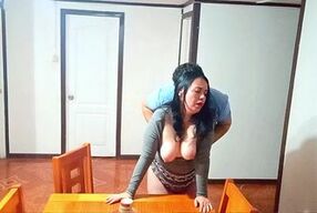 Stepmother caught by surprise while fucking on the dining room table