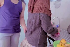 Budhe cooking harassed by naughty stepbrother