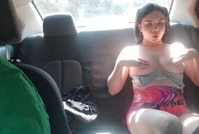 Natural Latina gets horny in the Uber and touches her pretty tits and fingers her pussy