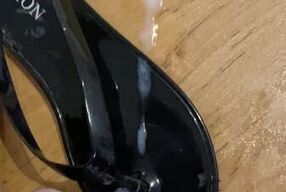 Fuck Shiny Black Flip Flop and Cum in Sandal