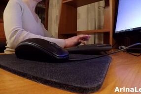 office worker secretly watches porn and caresses nipples and pussy while colleagues are working