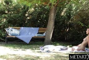 Beauty's big natural tits bounce as she masturbates outdoors